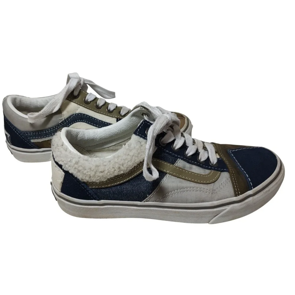 Vans‎ Old Skool Sneakers Patchwork Camo Fuzzy Olive Denim Shoes Womens Size 7.5